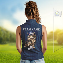 Load image into Gallery viewer, Female golfer wearing funny cat American flag golf polo shirt, personalized golf apparel, patriotic golf outfit