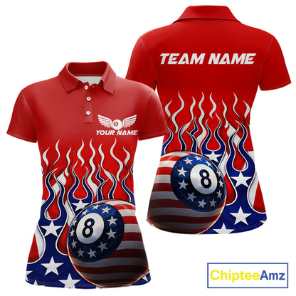 Custom Fire Flame US Flag Pool 8 Ball Women's Billiard Shirt Patriotic Billiard Team Attire NYN2545