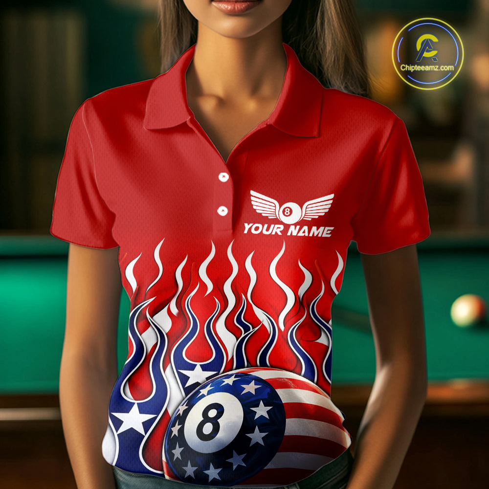 Custom Fire Flame US Flag Pool 8 Ball Women's Billiard Shirt Patriotic Billiard Team Attire NYN2545