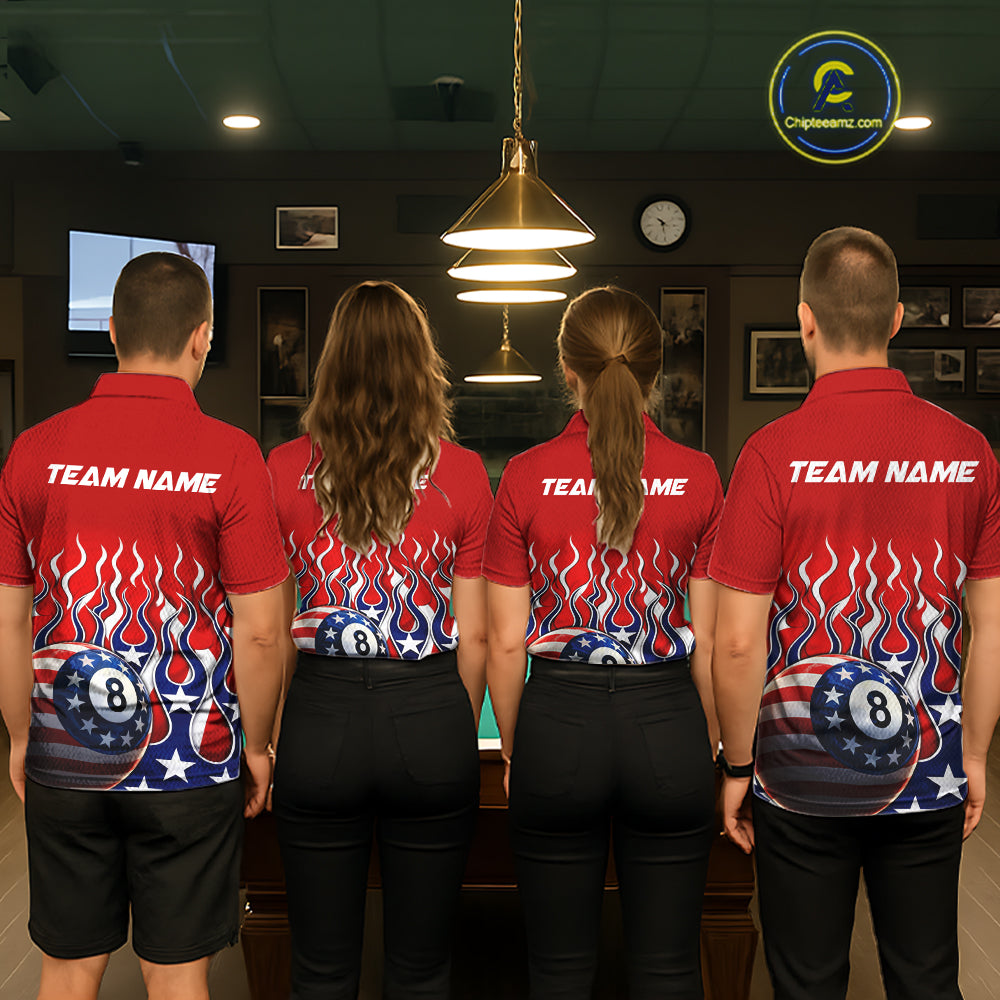 Custom Fire Flame US Flag Pool 8 Ball Women's Billiard Shirt Patriotic Billiard Team Attire NYN2545