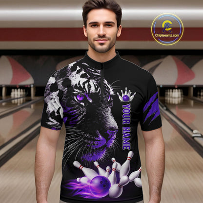 Personalized Horror Tiger Bowling Shirts For Men Purple Flaming Tiger Team Bowling Jerseys NYN3131