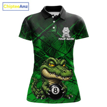 Load image into Gallery viewer, Funny crocodile 8 ball billiard polo shirt for women green grunge pool jersey