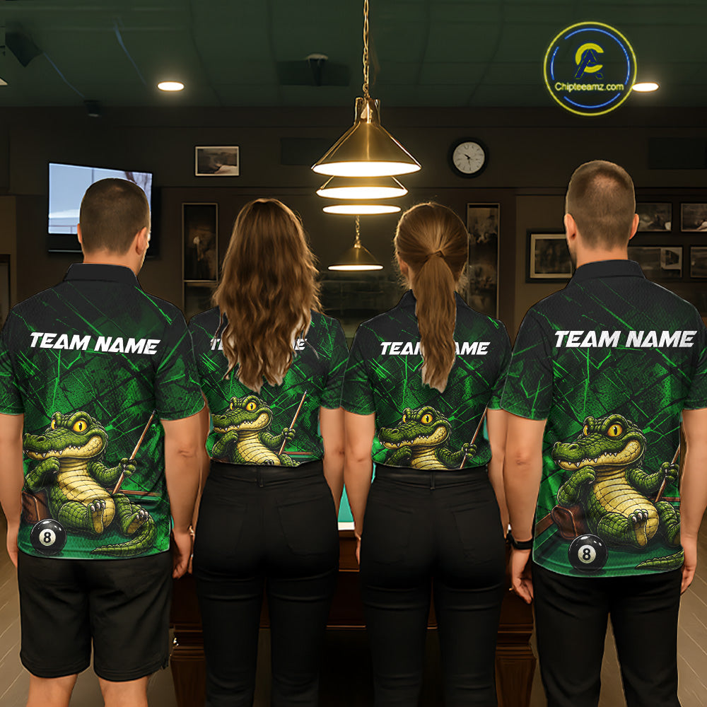 Funny Crocodile 8 Ball Pool Billiard Shirts For Women Custom Green Grunge Billiard Polo & 1/4-Zip Jersey NYN3313