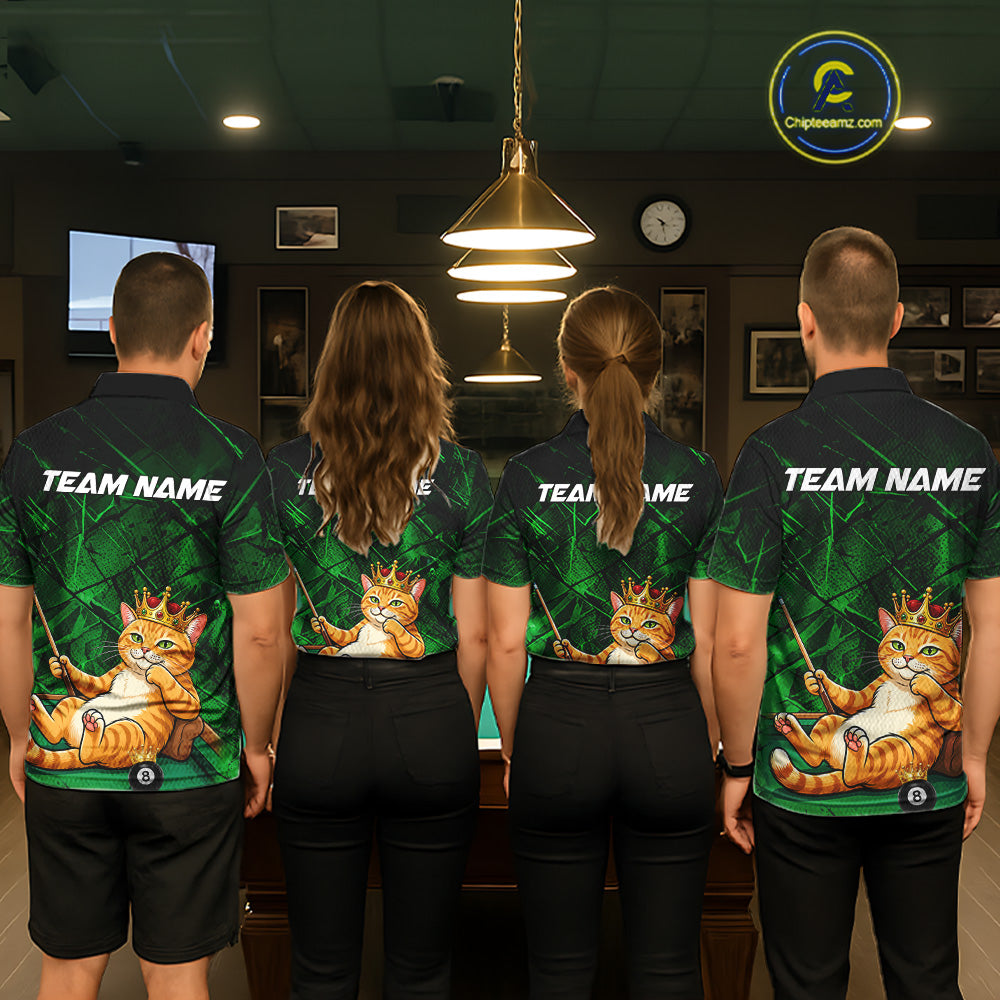 Funny Cat Crown 8 Ball Pool Billiard Shirts For Women Custom Green Grunge Billiard Polo & 1/4-Zip Jersey NYN3314