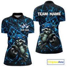 Load image into Gallery viewer, Funny cool raccoon bowling ball women's bowling quarter-zip shirt, neon blue lightning bowling jersey, custom bowling team apparel