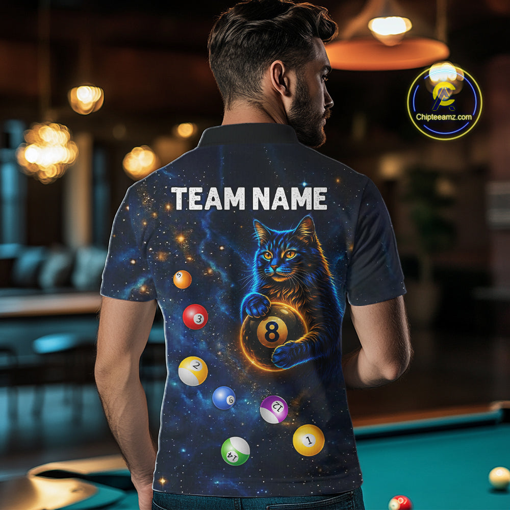 Funny Cat Galaxy Custom 8 Ball Billiard Polo & 1/4-Zip Shirt For Men Blue Billiard Team Jersey NYN3132
