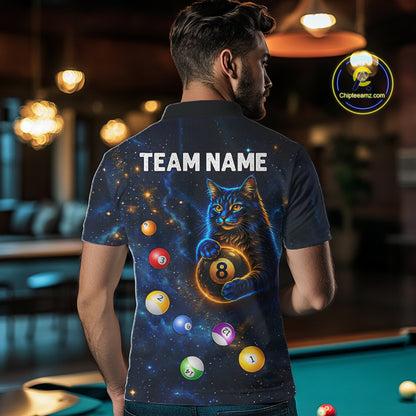 Funny Cat Galaxy Custom 8 Ball Billiard Polo & 1/4-Zip Shirt For Men Blue Billiard Team Jersey NYN3132