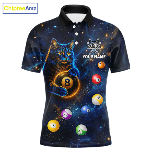 Funny Cat Galaxy Custom 8 Ball Billiard Polo & 1/4-Zip Shirt For Men Blue Billiard Team Jersey NYN3132