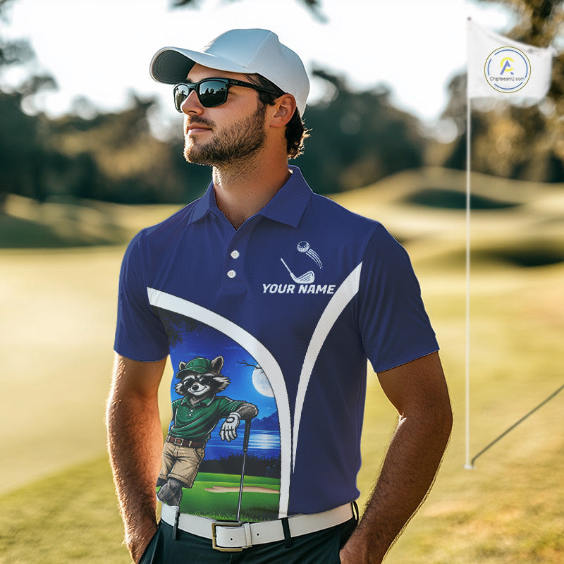 Funny Raccoon Moonlit Golf Course Mens Golf Shirts Upf Golf Shirts Custom Blue Golf Apparel NYN3318
