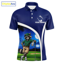 Load image into Gallery viewer, Blue polo shirt with raccoon graphic and customizable text on a white background