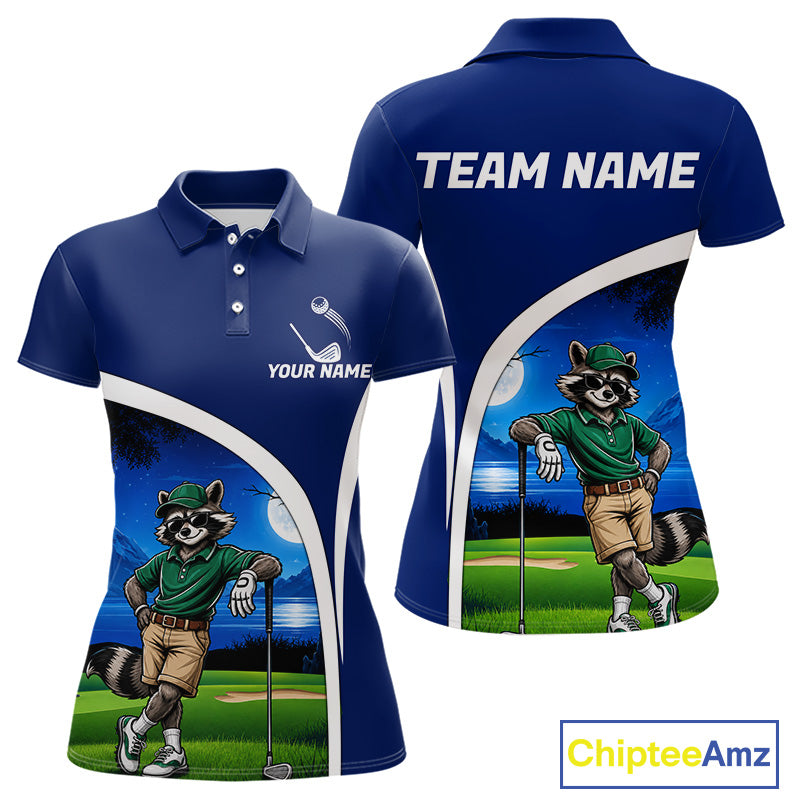 Blue polo shirt with cartoon raccoon design on a golf course, customizable text.