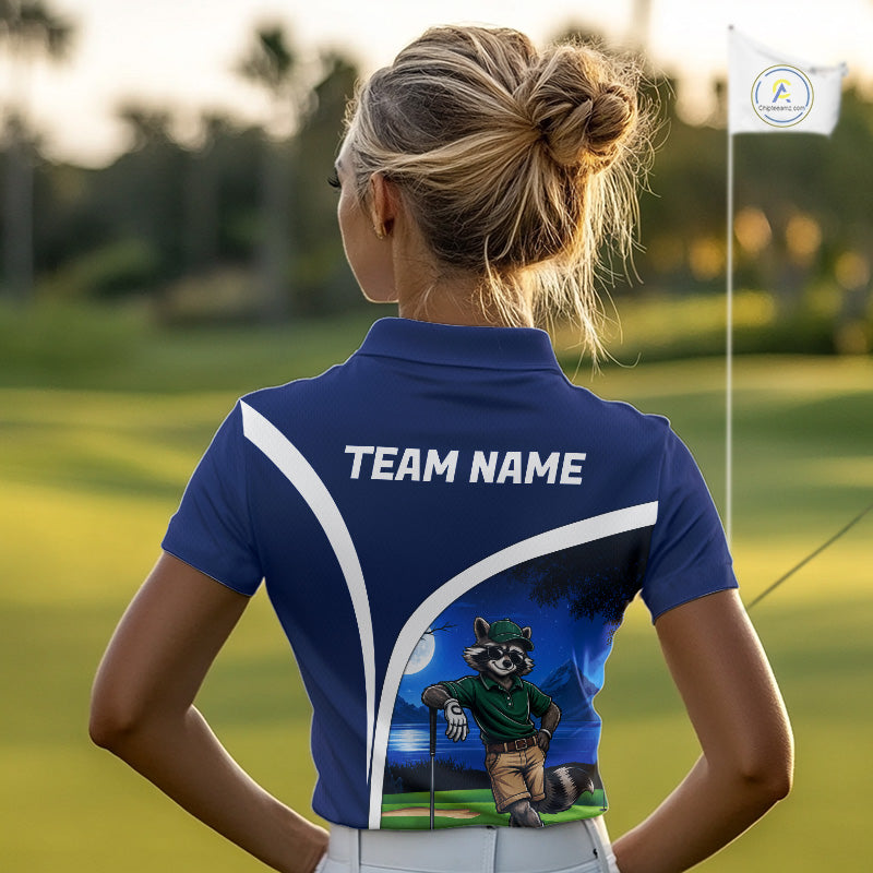 Funny Raccoon Moonlit Golf Course Women Golf Shirts Upf Golf Shirts Custom Blue Golf Apparel NYN3318
