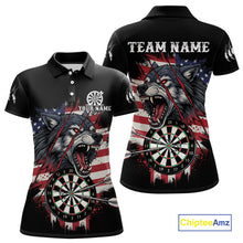 Load image into Gallery viewer, Wolf US Flag Grunge Darts Polo Shirt For Women Custom Name &amp; Team Patriotic Dart League Shirt NYN2052