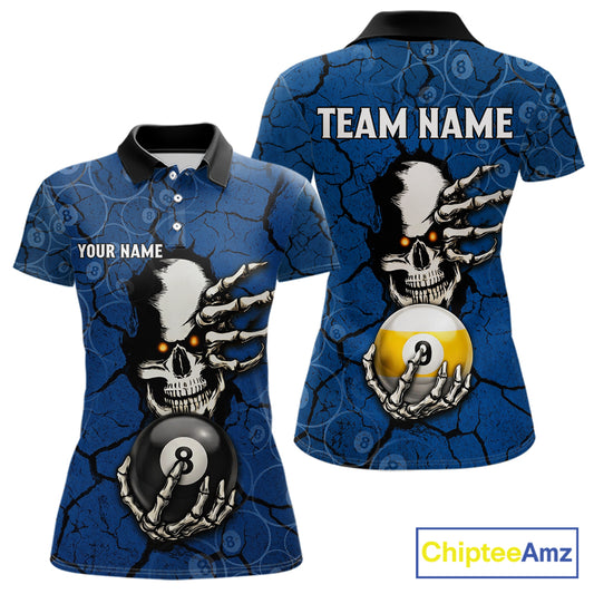 Cracked Blue Skeleton 8 Ball & 9 Ball Billiard Shirt For Women Custom Pool Billiard Polo & 1/4 Zip Jersey NYN3144