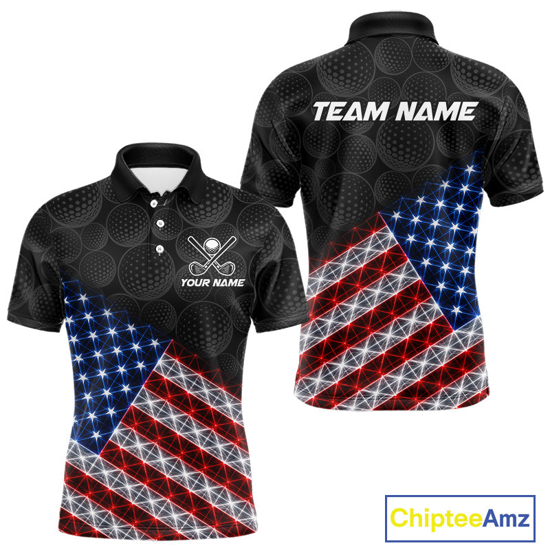 Lightning American flag golf polo shirt for men black golf ball design