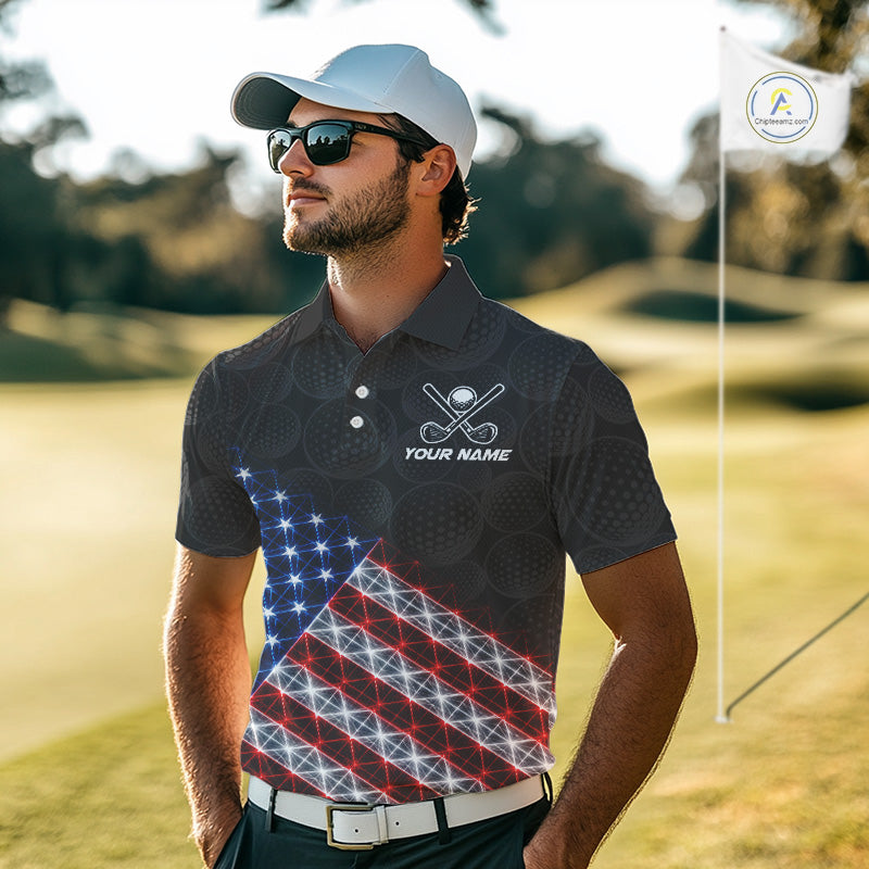 Mens Lightning US Flag Golf Polo Shirts Custom Black Golf Ball America Golf Shirt NYN3328