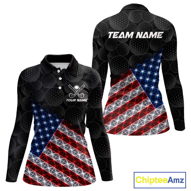 Lightning American flag golf polo long sleeve shirt for women black golf ball design