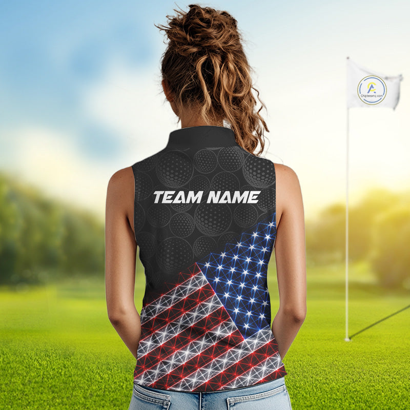 Womens Lightning US Flag Golf Polo Shirts Custom Black Golf Ball America Golf Shirt NYN3328