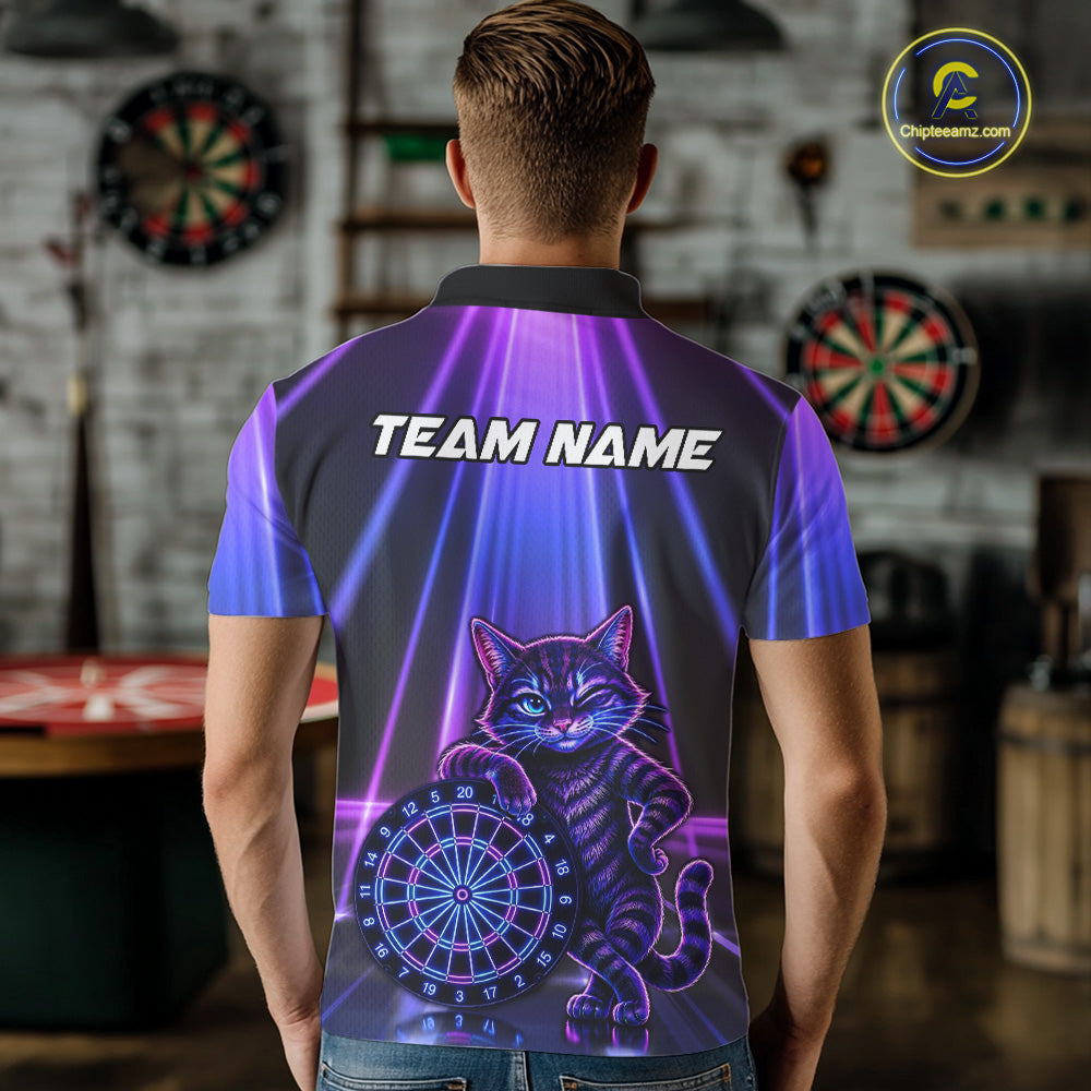 Male model wearing Neon Funny Cat dart polo shirt during dart tournament, personalized team jersey, athletic lifestyle