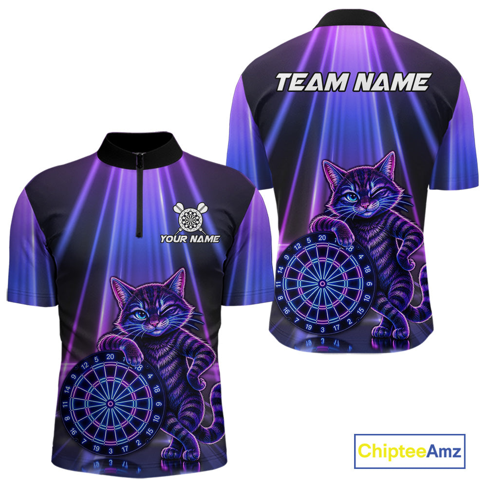 Neon Purple Blue Funny Cat Men's Dart Quarter-Zip Shirt, Personalized League Dart Jersey, Performance Sportswear