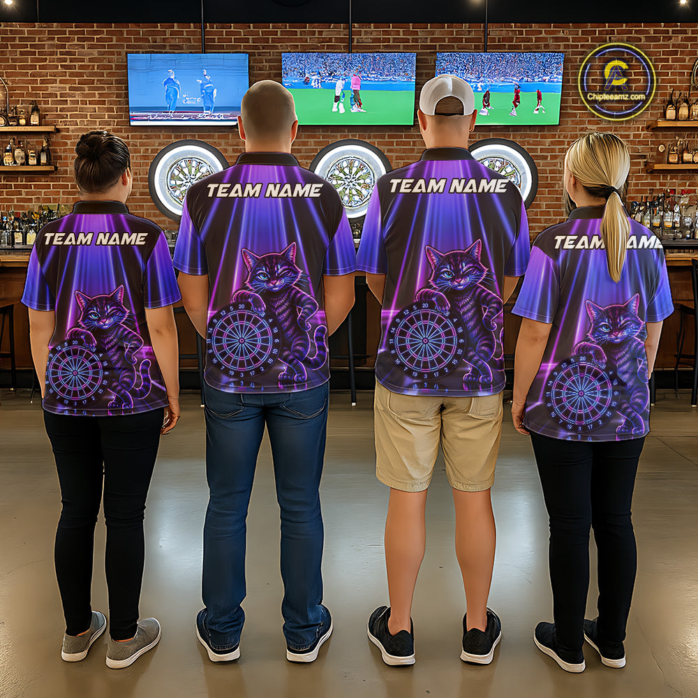 Dart team wearing matching Neon Funny Cat polo and quarter-zip jerseys, personalized tournament uniforms, teamwork, cat lovers.