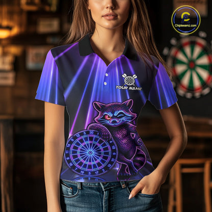 Female model wearing Neon Funny Raccoon dart polo, personalized raccoon sports apparel, playful tournament fashion