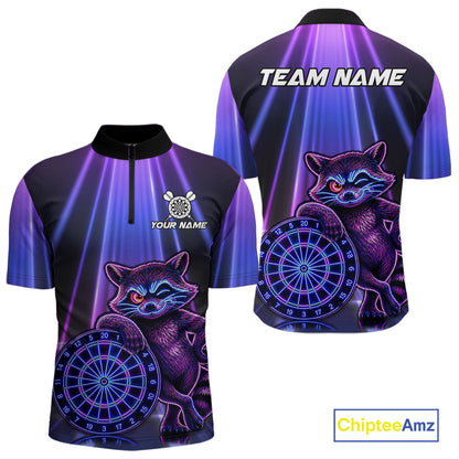 Neon Funny Raccoon Men's Dart Quarter-Zip Shirt, Personalized League Dart Jersey