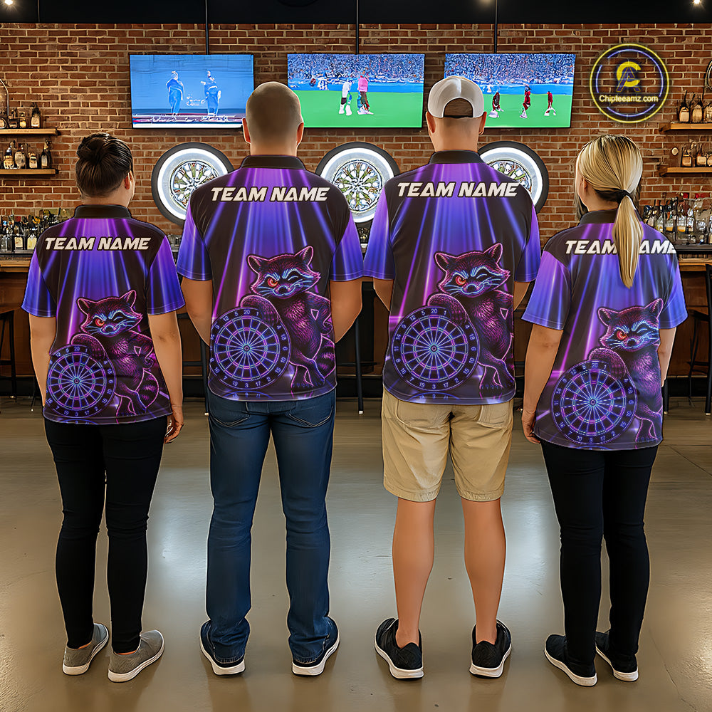 Dart team wearing matching Neon Funny Raccoon jerseys, personalized league uniforms, teamwork, outdoor lifestyle.