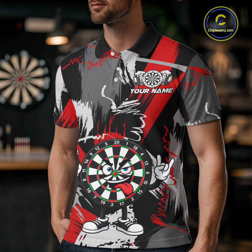Male model wearing Rock-On Dartboard dart polo shirt, personalized tournament jersey, rock culture sportswear