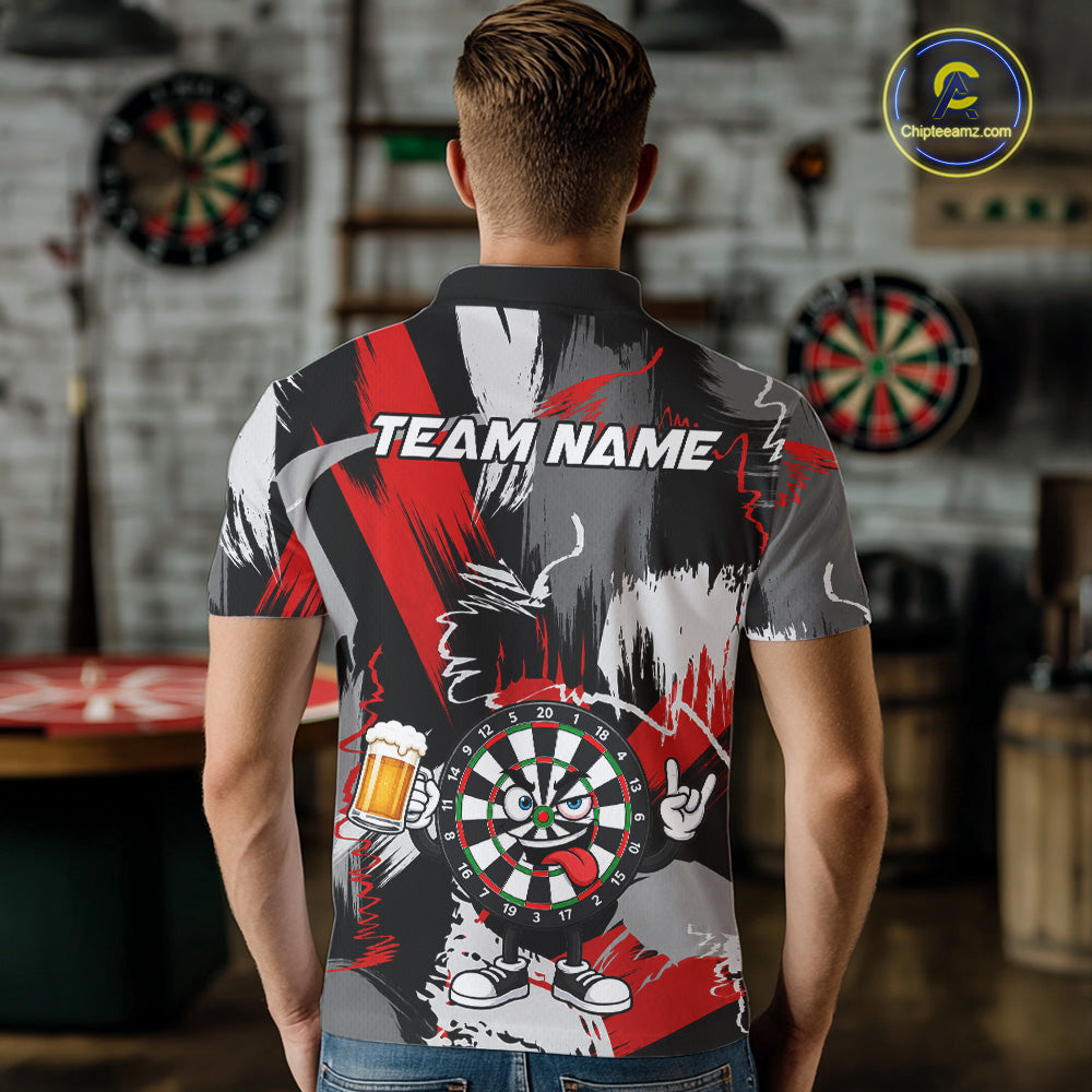 Male model wearing Rock-On Dartboard dart polo shirt, personalized tournament jersey, rock culture sportswear