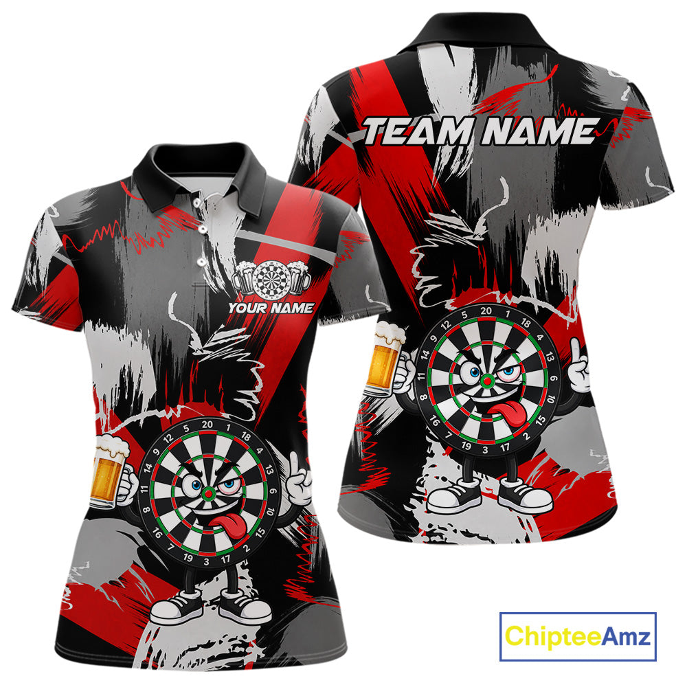 Custom Rock-On Dartboard Women's Dart Polo Shirt, Red Grey Funny Dart Team Jersey, Personalized Tournament Polo, Rock Hand Gesture, Performance Apparel