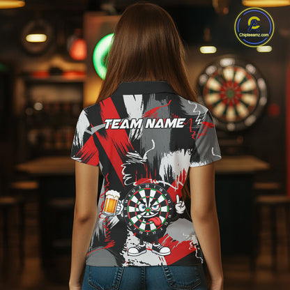 Female model wearing Rock-On Dartboard dart polo during league play, personalized dart apparel, rock music lifestyle, confidence