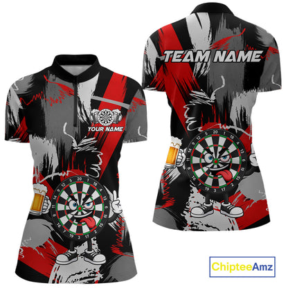 Rock-On Dartboard Women's Quarter-Zip Shirt, Personalized Red Grey Dart Tournament Jersey, Moisture-Wicking Performance Apparel