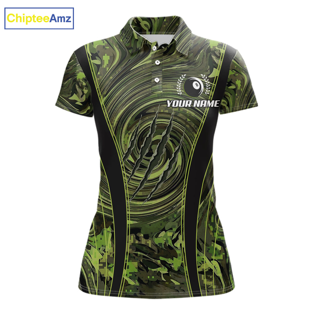 Green Camo 8 Ball Billiard Polo & 1/4 Zip Shirt For Women Custom Pool Team Shirt, Billiard Clothes NYN2941
