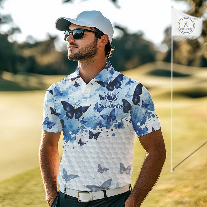 White & Blue Butterflies Mens Golf Polo Shirt Custom Watercolor Golf Shirts Golf Attire NYN3155