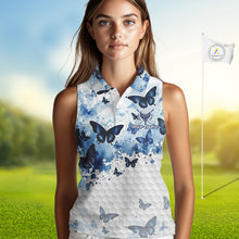 Load image into Gallery viewer, White &amp; Blue Butterflies Womens Golf Sleeveless Polo Shirt Custom Watercolor Golf Shirts Golf Attire NYN3155