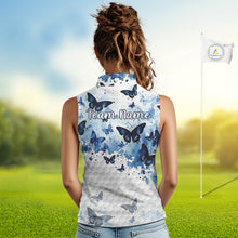 Load image into Gallery viewer, White &amp; Blue Butterflies Womens Golf Sleeveless Polo Shirt Custom Watercolor Golf Shirts Golf Attire NYN3155