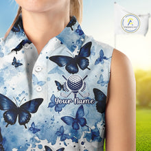 Load image into Gallery viewer, White &amp; Blue Butterflies Womens Golf Sleeveless Polo Shirt Custom Watercolor Golf Shirts Golf Attire NYN3155
