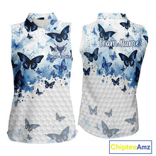 Load image into Gallery viewer, White &amp; Blue Butterflies Womens Golf Sleeveless Polo Shirt Custom Watercolor Golf Shirts Golf Attire NYN3155