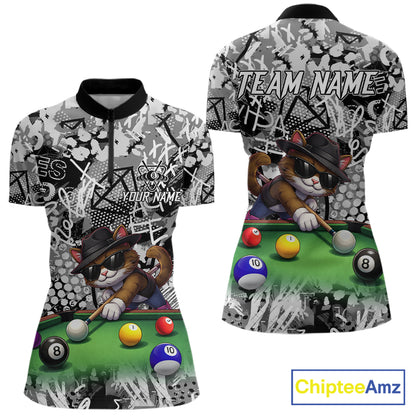 Custom Funny Pooler Cat 8 Ball Pool Billiard Shirt For Women Polo & 1/4 Zip, Billiard Team Jerseys NYN3160