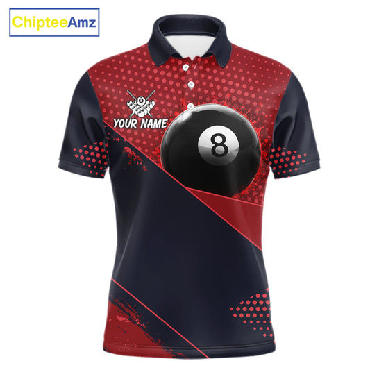 Red Splash 8 Ball Billiard Polo Shirt For Men, Custom Splatter Pool Jersey, Personalized Pool League Team Apparel, Tournament Clothing