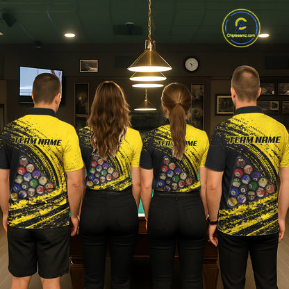 Yellow Grunge Billiard 15 Ball Pool Polo & Quarter-Zip Shirt Custom Billiard Team Attire For Men NYN2747