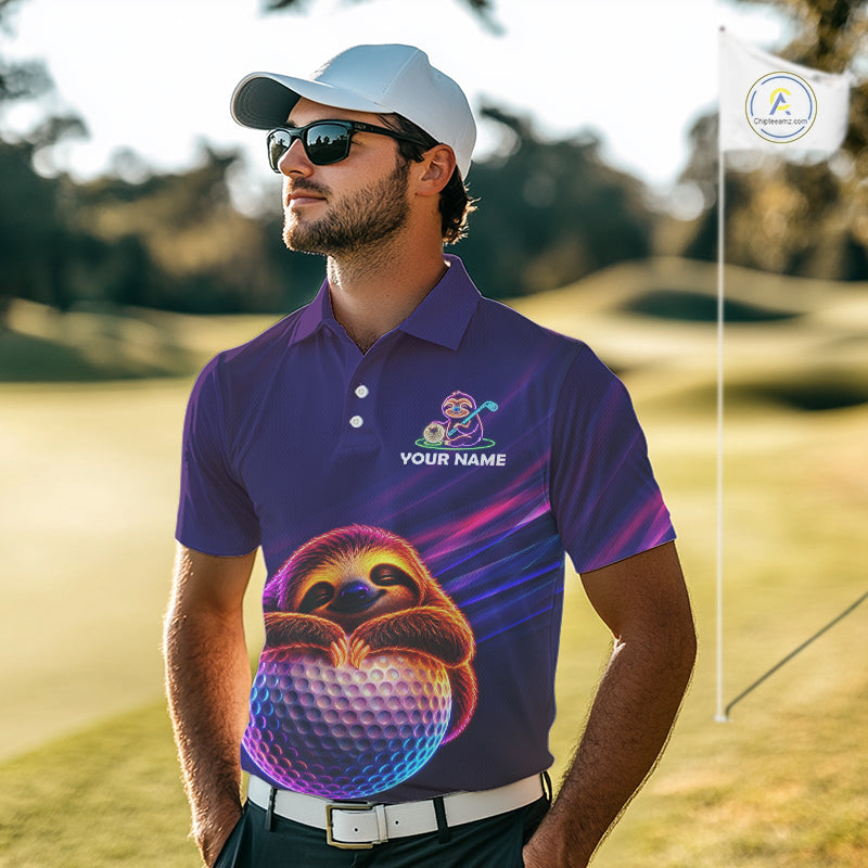 Male golfer wearing funny sloth golf polo with neon glow, perfect for golf outings, Father's Day gifts and relaxed golf lifestyle.
