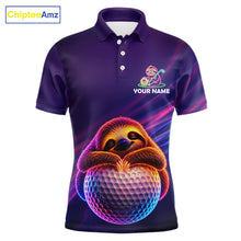 Load image into Gallery viewer, Men's funny golf polo featuring cute sloth with glowing purple neon artwork, personalized golf apparel for golf gifts, men's golf leagues, casual golfers and animal lovers, representing relaxation, humor and positive energy.