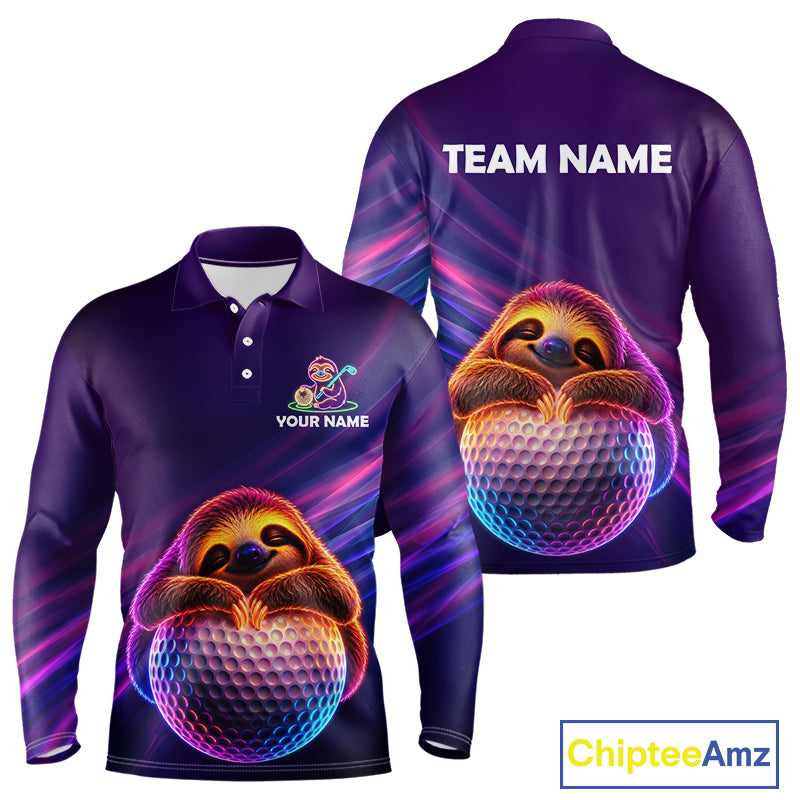 Men's funny golf polo featuring cute sloth with glowing purple neon artwork, personalized golf apparel for golf gifts, men's golf leagues, casual golfers and animal lovers, representing relaxation, humor and positive energy.