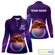 Load image into Gallery viewer, Women's golf polo with funny sloth and purple neon graphics, custom golf team shirt for tournaments, golf vacations and humorous golf lifestyle.