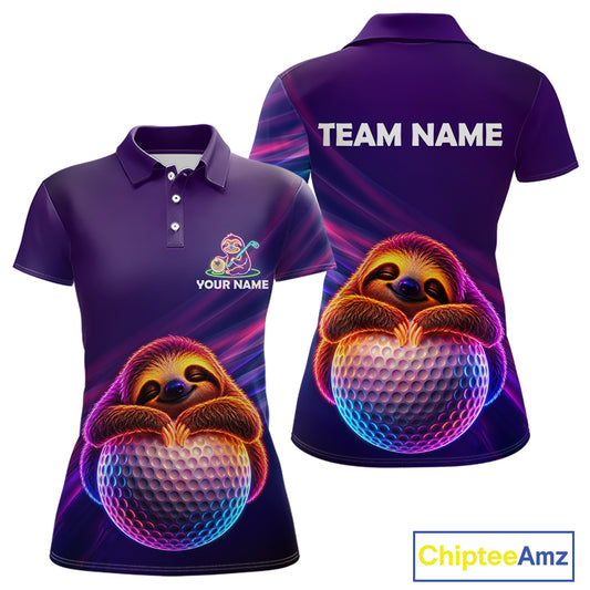 Women's golf polo with funny sloth and purple neon graphics, custom golf team shirt for tournaments, golf vacations and humorous golf lifestyle.