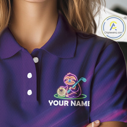 Female golfer wearing adorable sloth golf polo, unique golf apparel for ladies golf league, golf vacations and animal lovers.