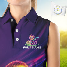 Load image into Gallery viewer, Female golfer wearing adorable sloth golf polo, unique golf apparel for ladies golf league, golf vacations and animal lovers.