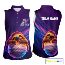 Load image into Gallery viewer, Women's sleeveless golf polo featuring cute sloth with glowing purple neon artwork, personalized funny golf apparel for golf gifts, animal lovers and casual golf fashion.